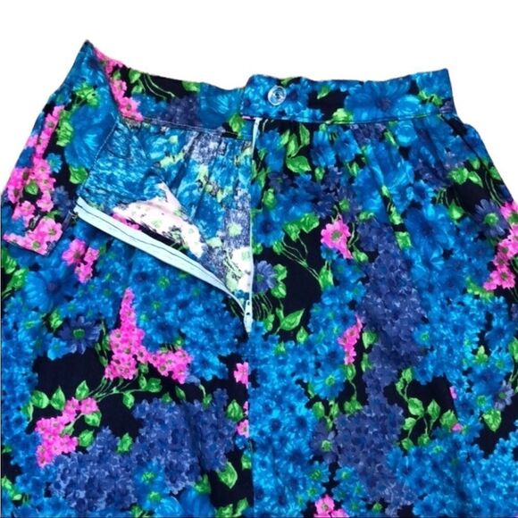 Vintage 60s 70s Handmade Floral Mini Skirt Blue Pink Green High Waist Pleated - Picture 6 of 10